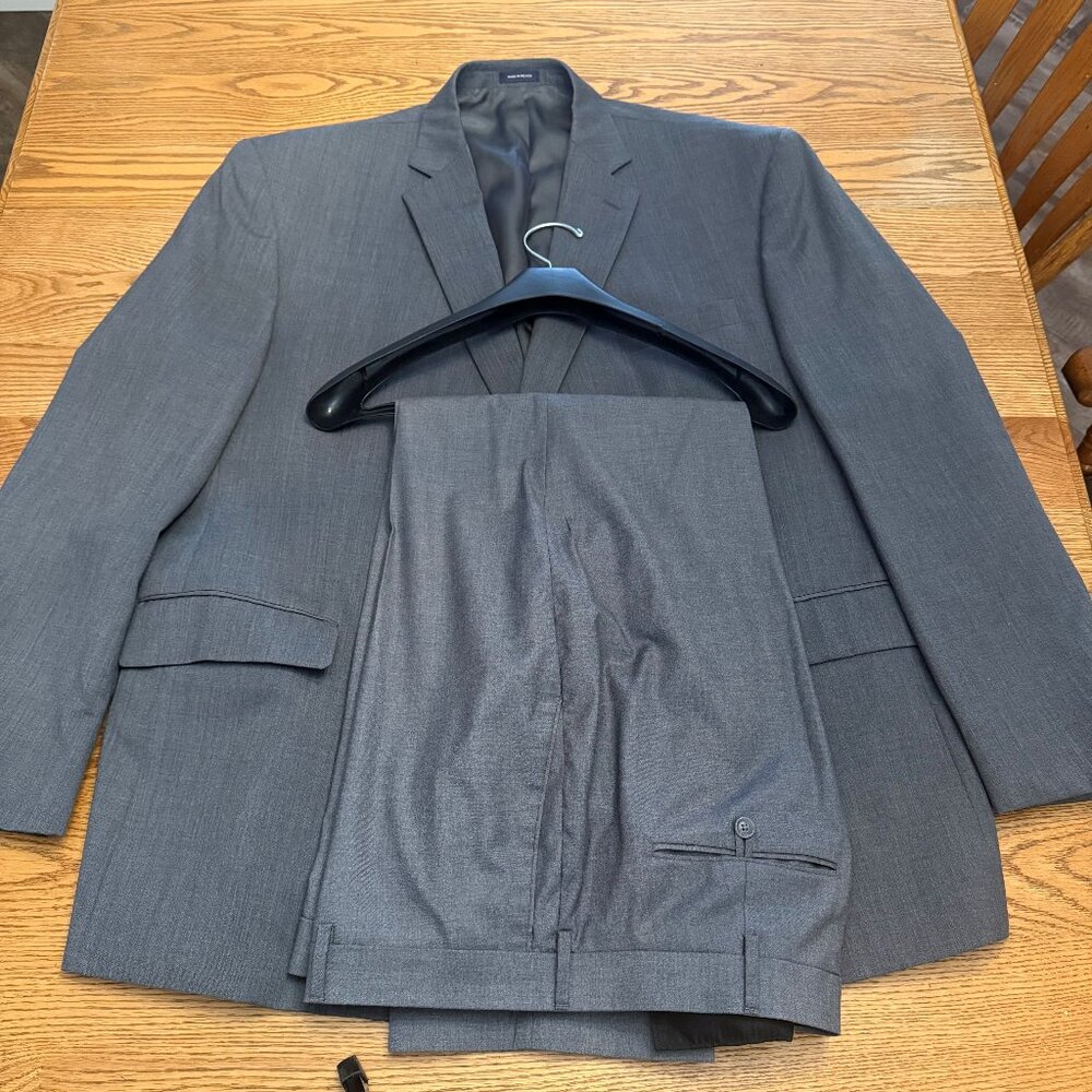 Stafford Mens Suit 54L Solid Med. Grey 2 Piece Flat Front Wool 44x30 Classic Fit